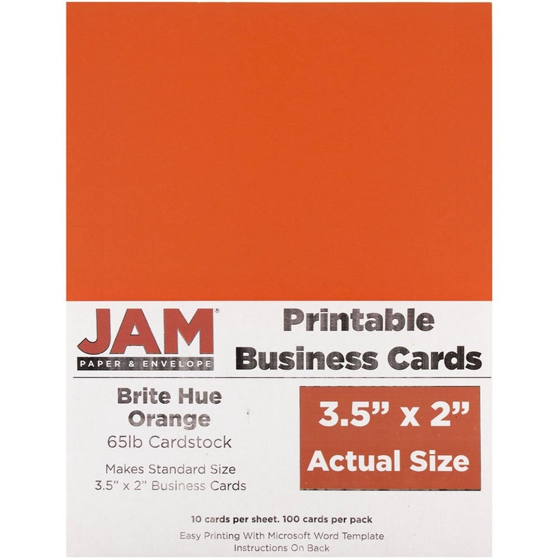JAM PAPER Printable Business Cards - 3 1/2 x 2 - Brite Hue Orange - 100/Pack - Image 1